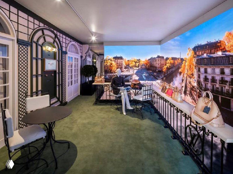 Простор с панорамными окнами и видом на город в поп‑ап отеле Louis Vuitton: столики в гостиничном стиле и дизайнерские элементы, создающие атмосферу отеля.