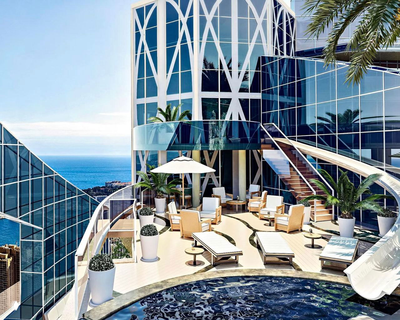 Открытая терраса пентхауса Sky Penthouse: зона отдыха с шезлонгами, зелёными растениями и безбортным бассейном с водной горкой и видом на море.