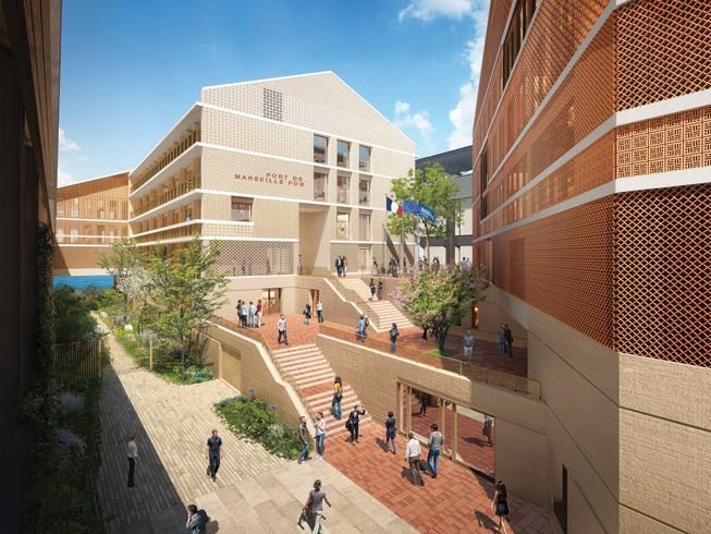 Пешеходная ось и внутренний двор порта: ступени, террасные уровни и открытые проходы между зданиями с терракотовыми фасадами