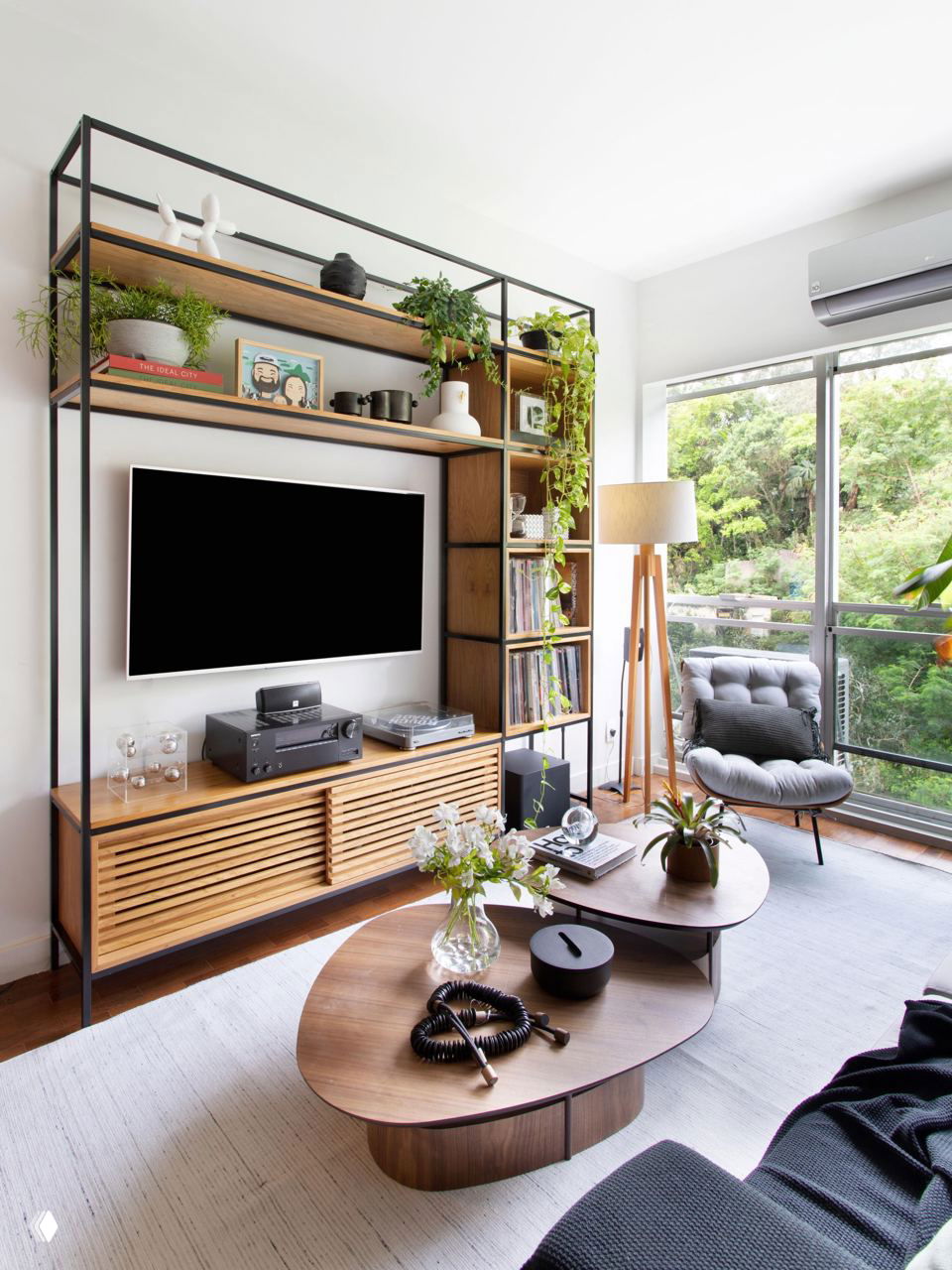 Стеллаж из тонкого чёрного металла с деревянными полками в гостиной: телевизор, растения и журнальный столик на фоне большого окна в светлом интерьере.