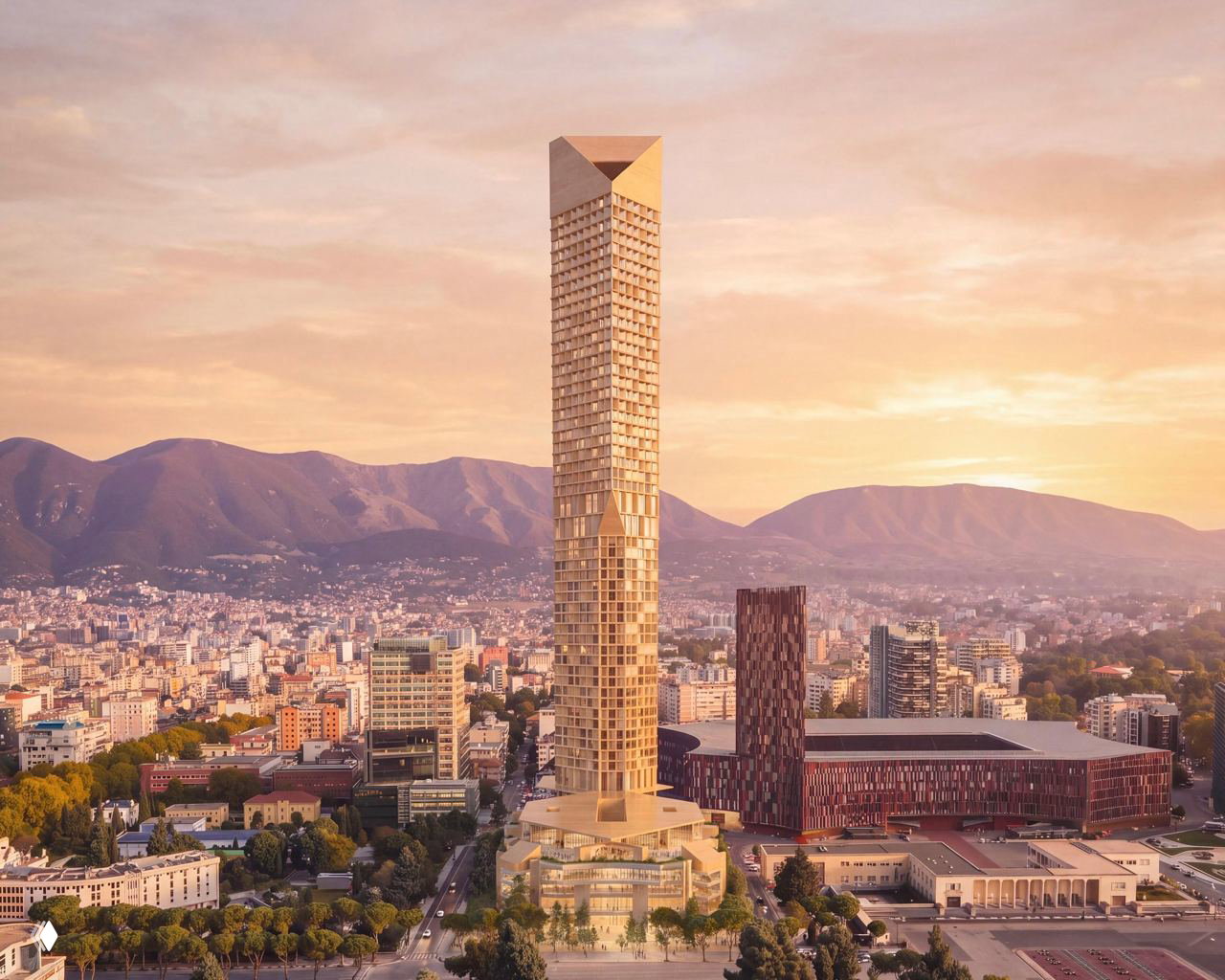 Горизонт Тираны с рендером 260-метровой угловатой башни Herzog & de Meuron, окружённой городской застройкой и горным фоном.