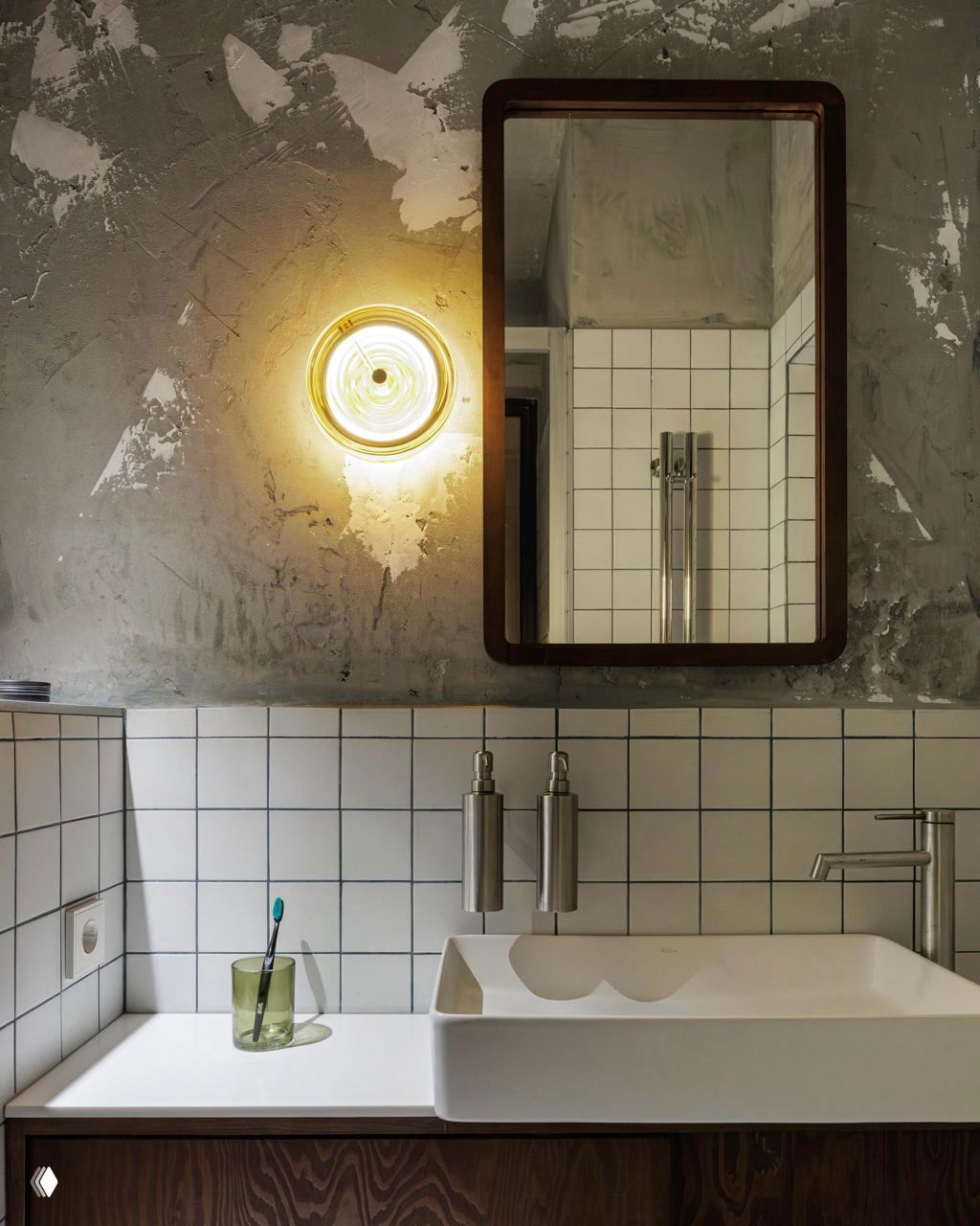 Ванная зона с квадратной плиткой, раковиной и зеркалом на фоне фактурной штукатурки — минималистичная отделка и функциональная сантехника