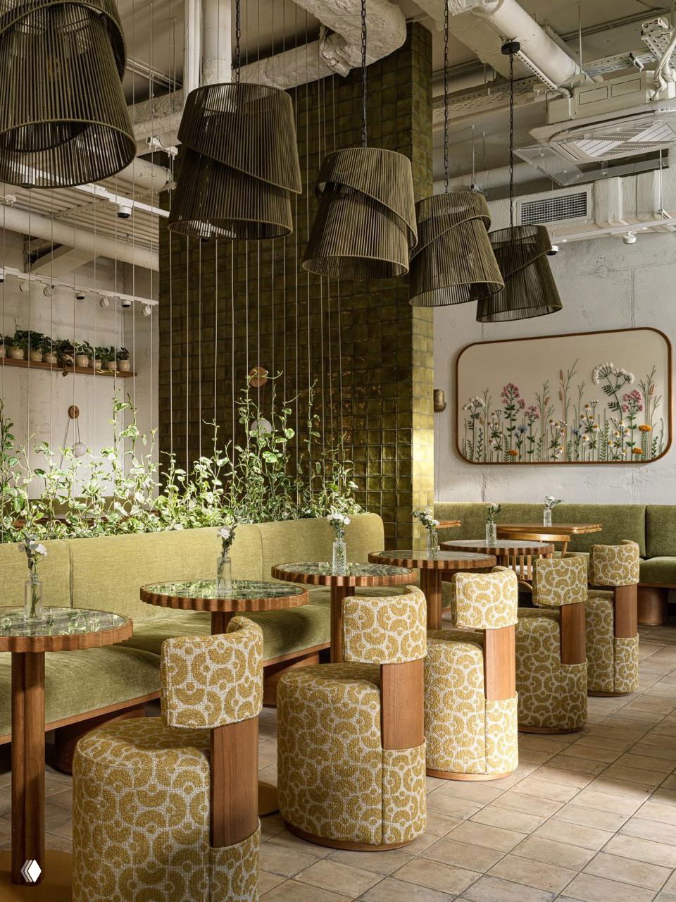 Общий вид зала кафе с подвесными абажурами, вертикальными перегородками из растений и мягкими пуфами в жёлто-зелёной текстуре, атмосфера лета.