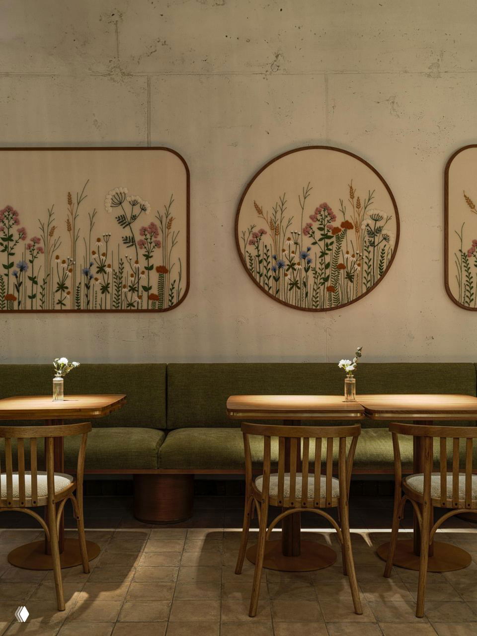 Деталь интерьера: деревянный стол с мраморной столешницей, мягкий зелёный диван и одиночная ваза с белыми цветами — спокойный натюрморт кафе.