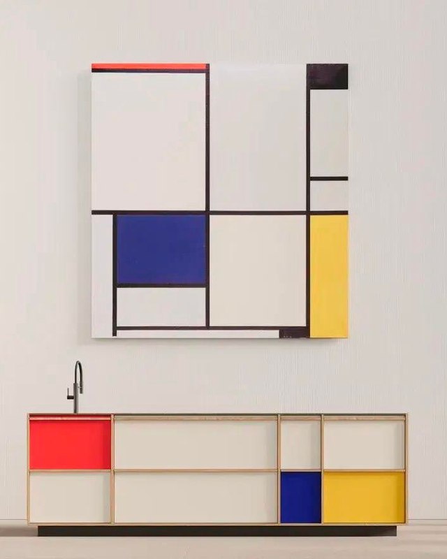 Абстрактный кадр с геометрическими цветными блоками и линиями, вероятно декоративная визуализация палитр и цветовых акцентов для кухонных поверхностей.