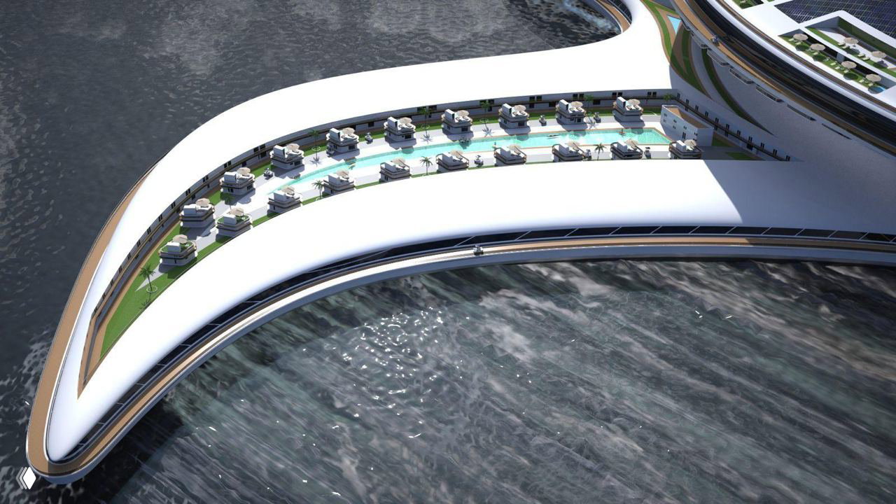 Крупный план лучевой секции яхты «Пангеос» с частными виллами, террасами, бассейнами и прогулочными зонами вдоль изогнутой палубы.