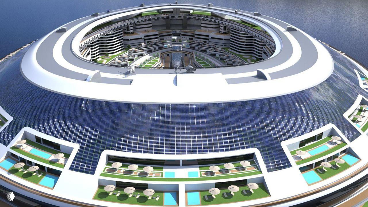 Фрагмент центральной кольцевой структуры с прозрачными кровлями, террасами и солнечными панелями — вид рендера внутреннего двора.