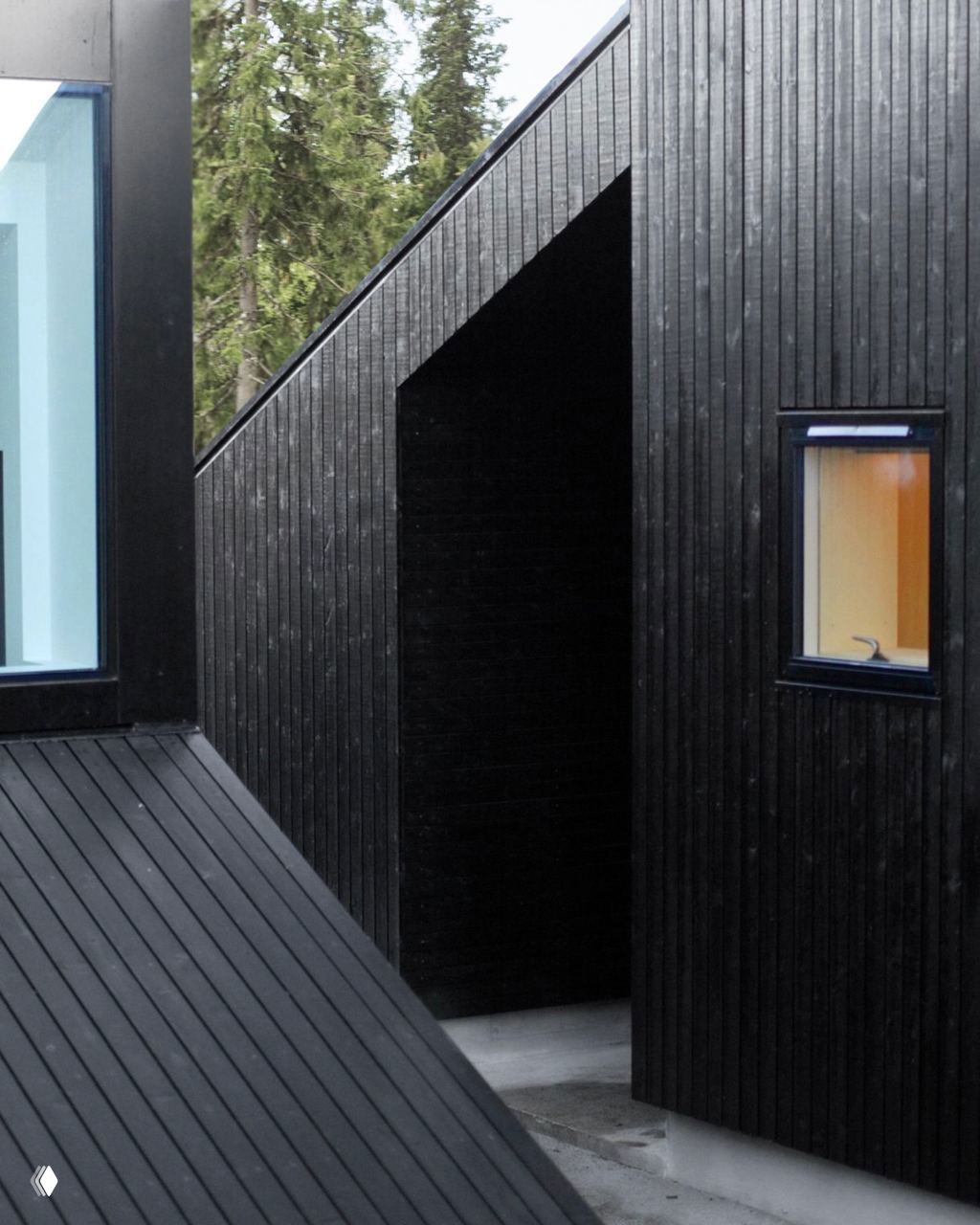 Черный деревянный фасад с углублением входа и небольшими окнами, архитектурная игра объемов и контраст с зеленью северного леса рядом.