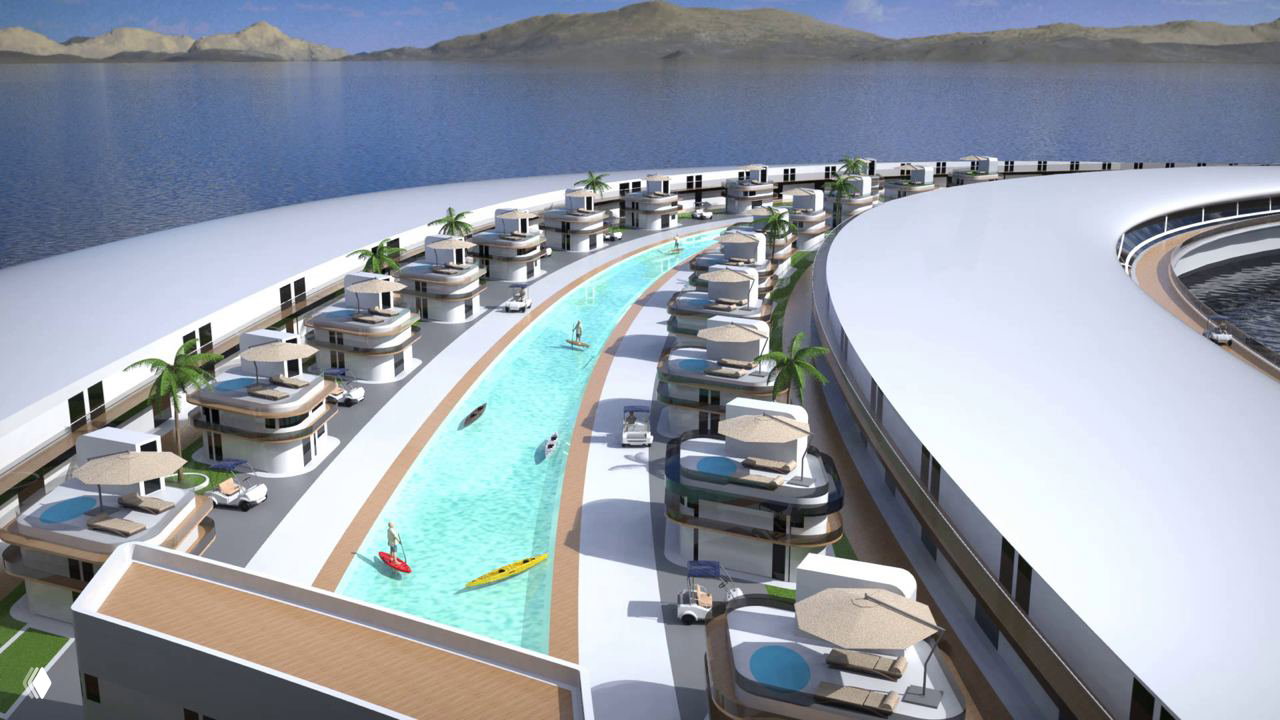 Рендер канала между жилыми блоками: мини‑виллы, причальные места, каноэ и пешеходные дорожки в концепте плавающего города.