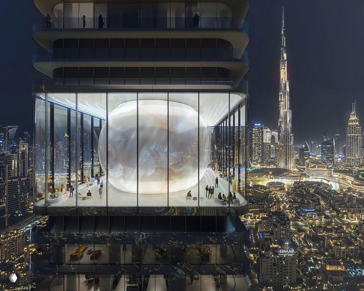 Крупный рендер: светящаяся сферическая «жемчужина» внутри панорамного остекления на верхних этажах, с видом на ночную панораму и Бурдж‑Халифа вдали.