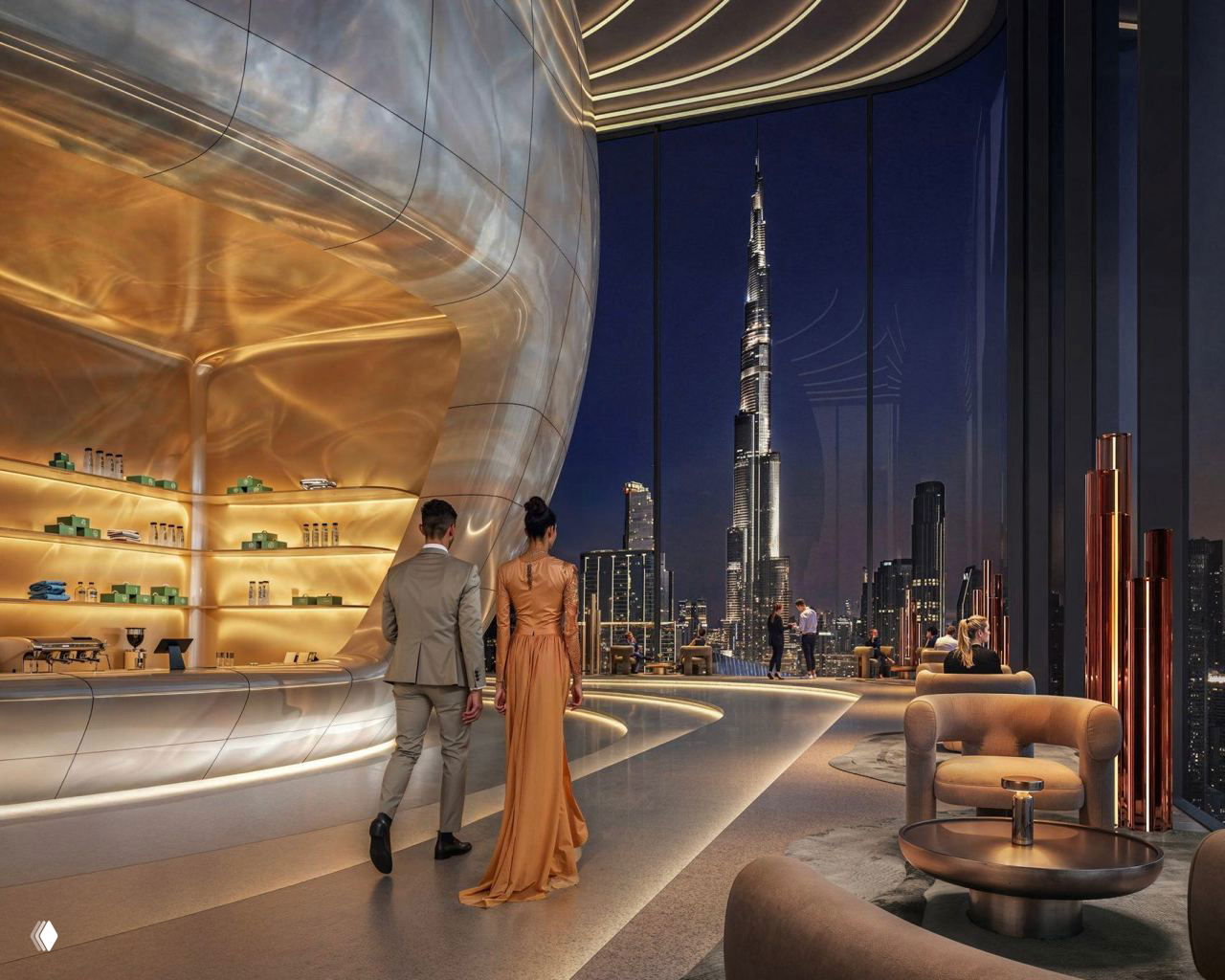 Интерьер лаунж‑зоны с мягкой мебелью и баром, люди прогуливаются мимо «жемчужины», через стекло видна панорама Дубая и силуэт Бурдж‑Халифа на заднем плане.