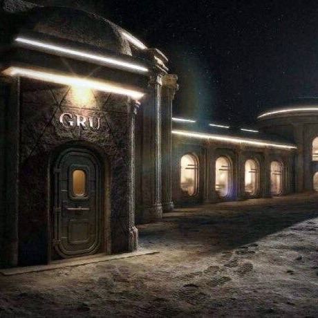 Ночное изображение входной части лунного отеля с дверью и вывеской «GRU», мягкая подсветка и лунный реголит вокруг корпуса.