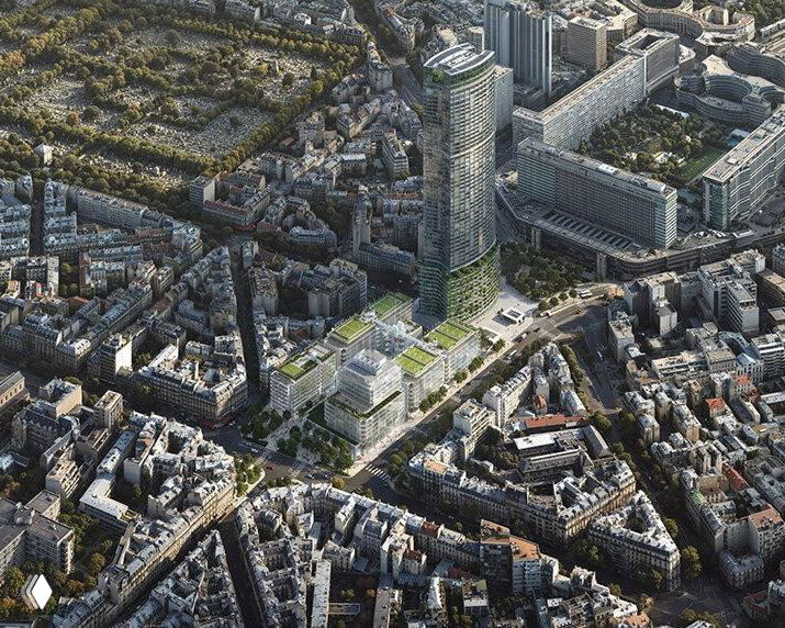 Аэрофотосъёмка рендера комплекса Tour Maine‑Montparnasse: башня и прилегающие корпуса, предлагаемые пешеходные маршруты и связь улиц.