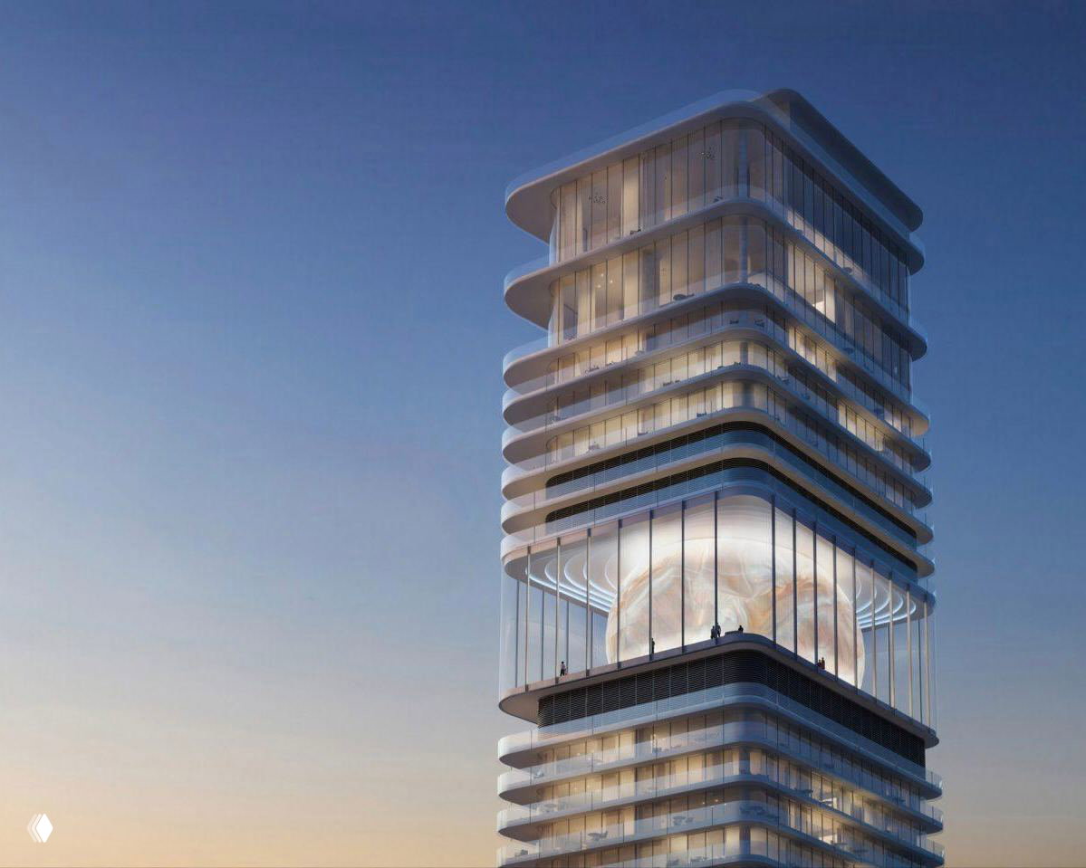 Дневной рендер углового вида небоскреба Inaura: прозрачная лаунж‑коробка с внутренней сферой‑«жемчужиной», плавные балконы и мягкое естественное освещение фасадов.