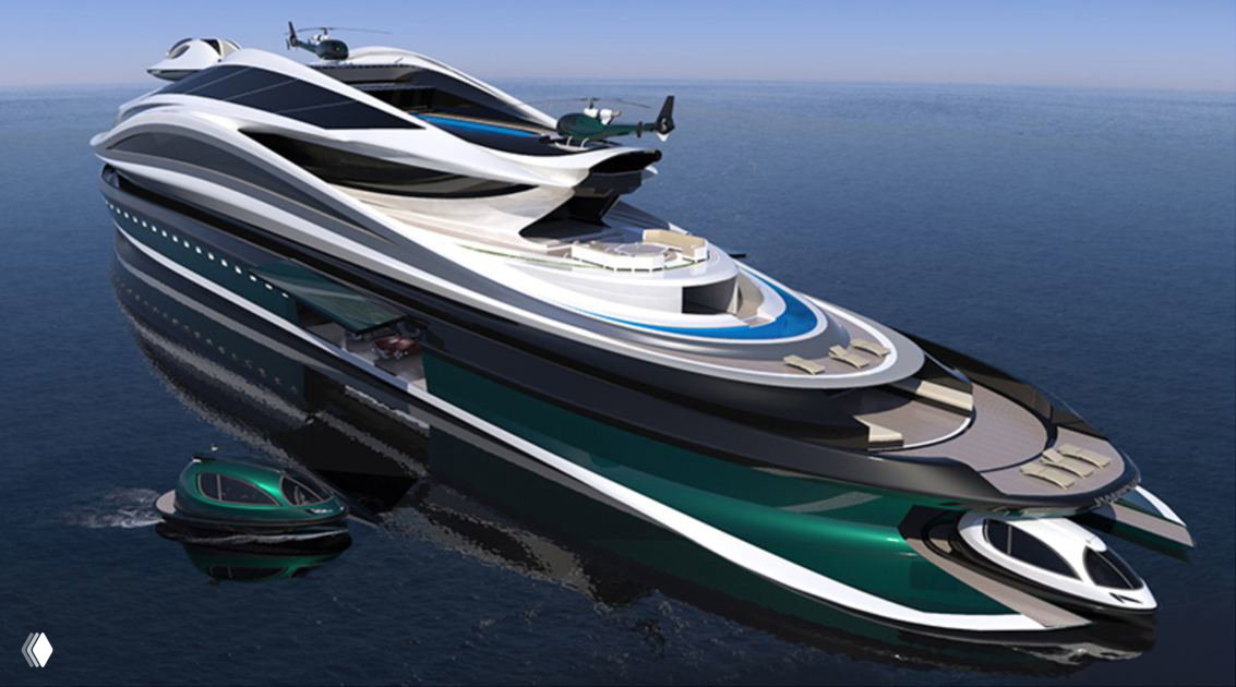 Фотореалистичный рендер пятипалубной яхты с гаражом для машин и небольшим вспомогательным катером рядом у борта, видна сочетанная цветовая палитра