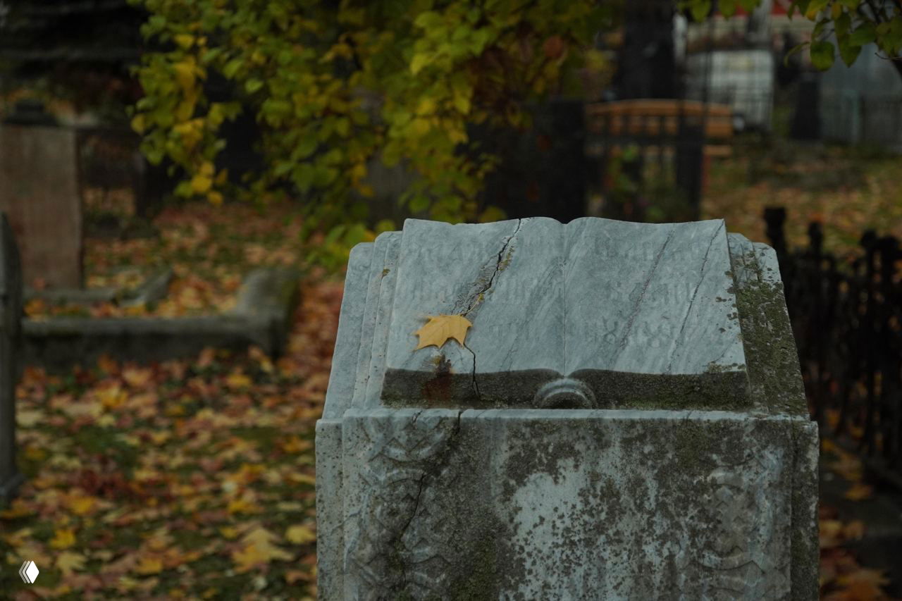 Каменная надгробная плита с трещиной и опавшим желтым листом на фоне покрытой листьями земли на старом кладбище