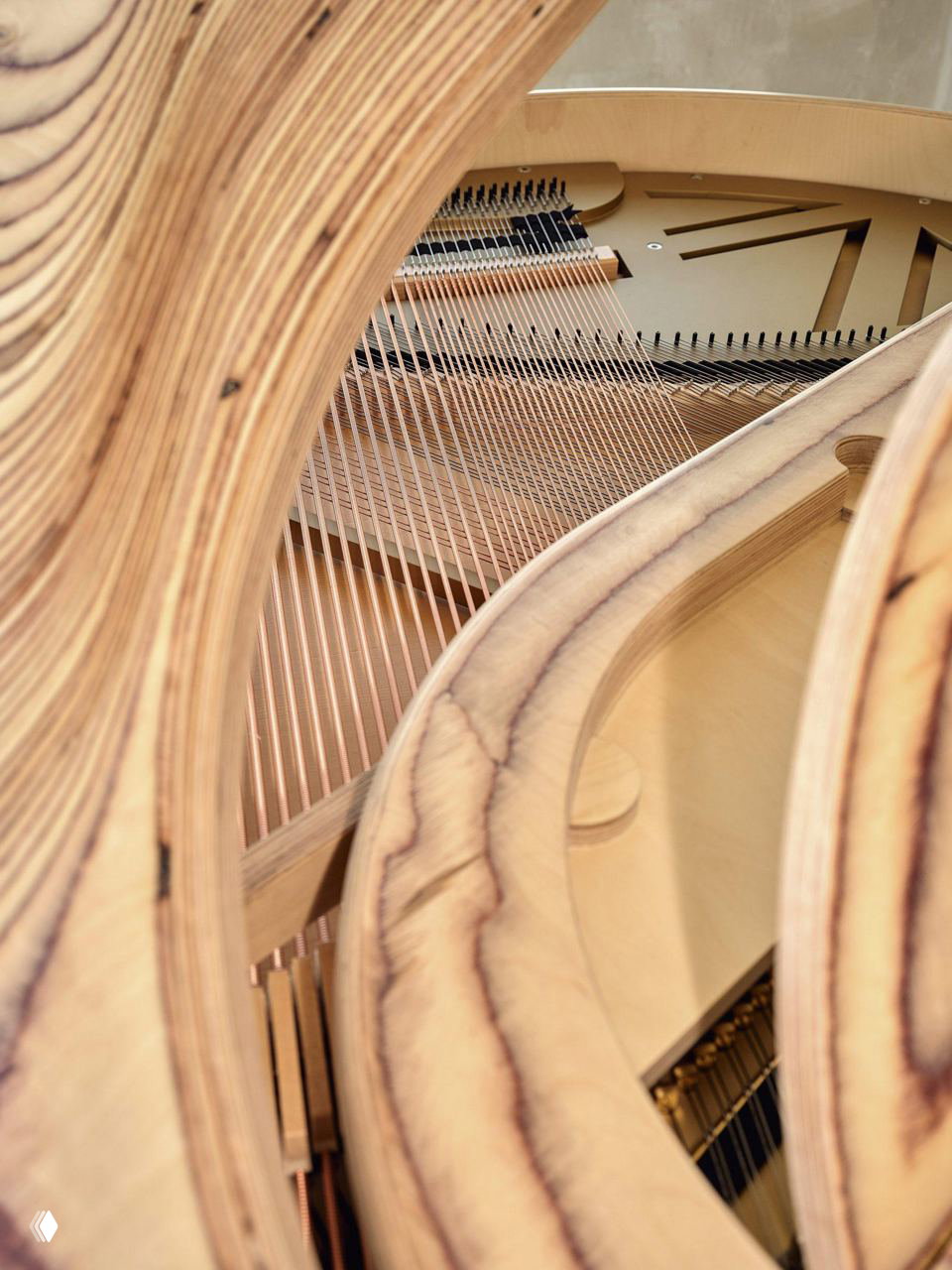 Вид внутрь корпуса рояля Timbra: струны, дек и металлические части механики на фоне светлой березовой древесины.
