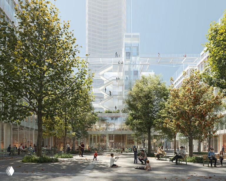 Визуализация большой зелёной площади внутри проекта Монпарнас: пешеходная зона без машин с деревьями, теневыми местами и возможностями для активности.