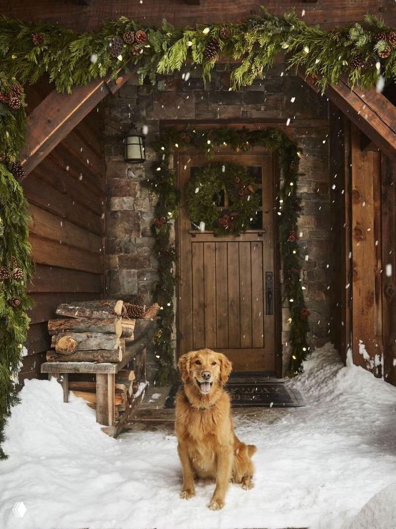 Зимняя входная зона с деревянной дверью и еловыми венками, снег падает, на переднем плане сидит золотистый ретривер — уютный загородный вариант рождественского оформления дома.