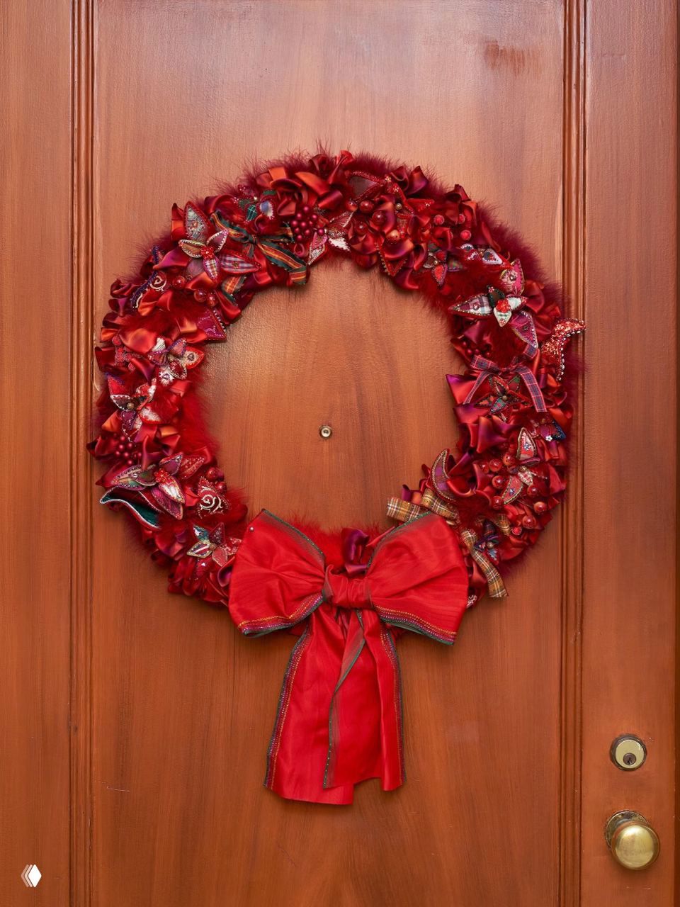 Красный декоративный венок из текстиля и лент на деревянной двери — насыщенный цветовой акцент и традиционный праздничный мотив для входа в квартиру или дом.