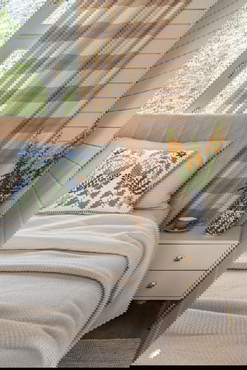 Спальня с мягким изголовьем и декоративной подушкой с растительным орнаментом, тумбочка с вазой и текстиль в пастельных тонах.