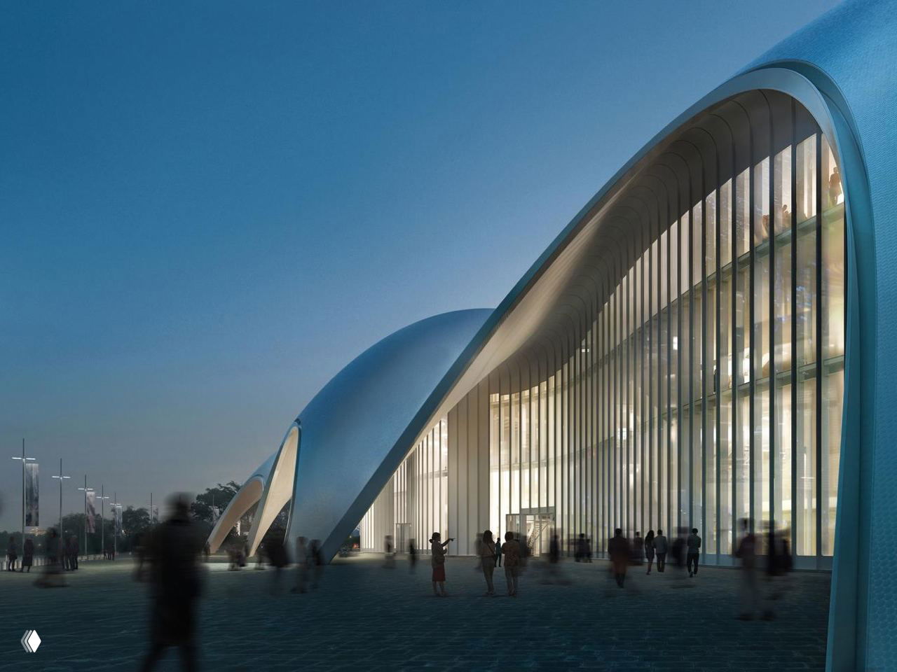 Ночная визуализация фасада оперы в Ханое: внутреннее освещение внутри высоких арочных окон и мягкое голубоватое свечение на поверхности куполов.