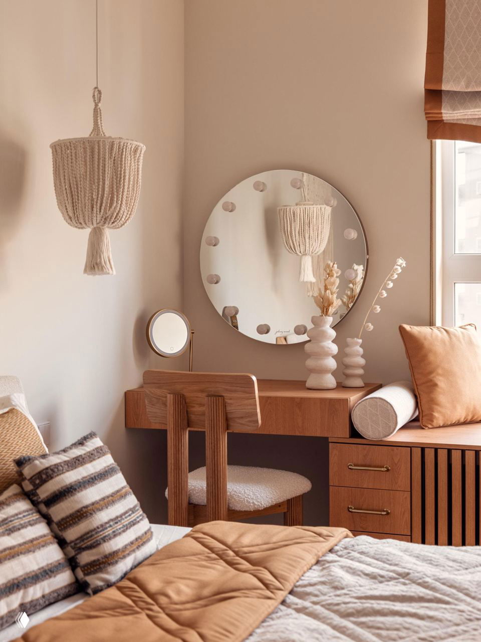 Узлы для украшения и туалетный столик: макраме-абажур, круглое зеркало и массив деревянной тумбы в нейтральной, теплой цветовой гамме.