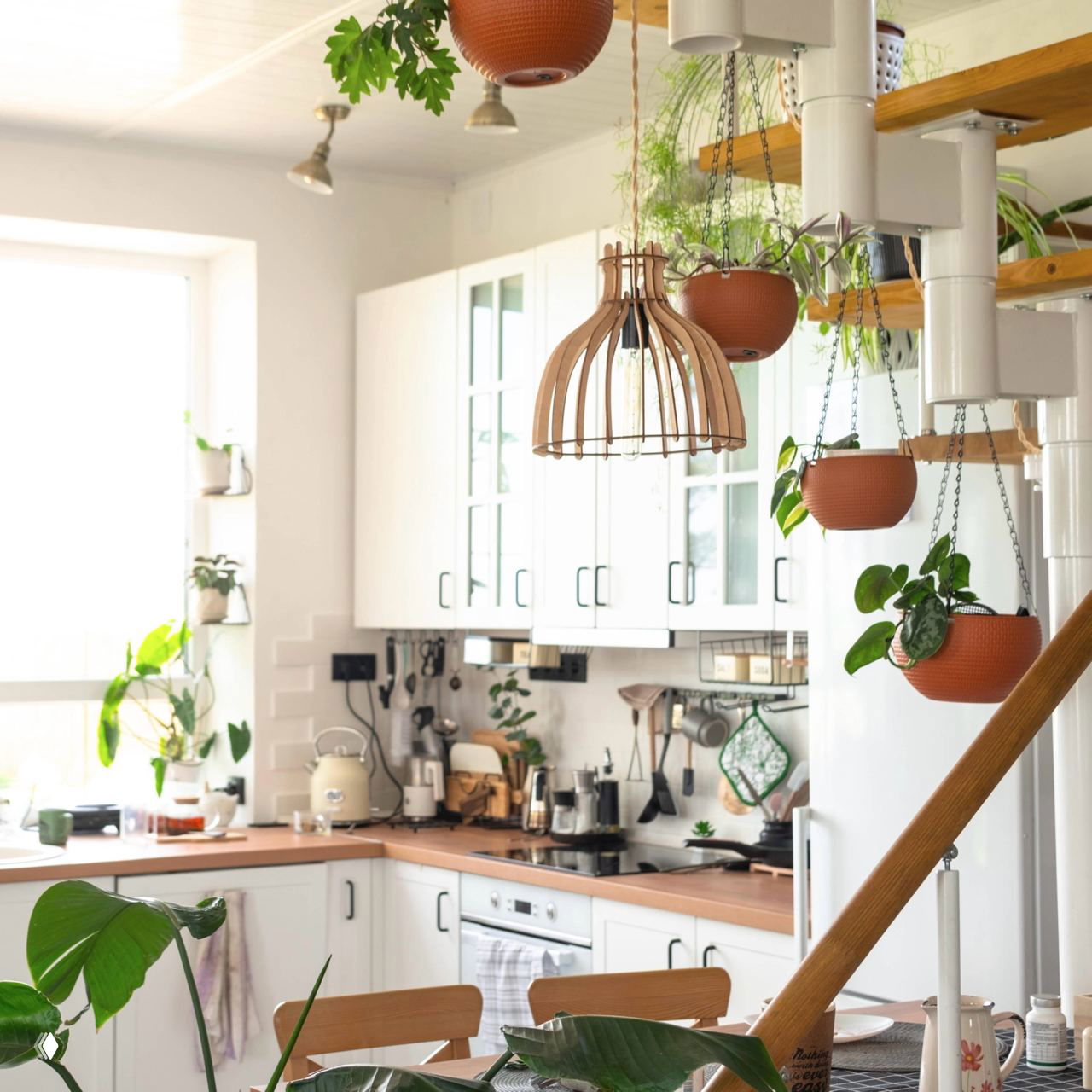Светлая кухня с висящими кашпо и растениями, деревянная столешница и современные бытовые приборы, зелень аккуратно расставлена по периметру.