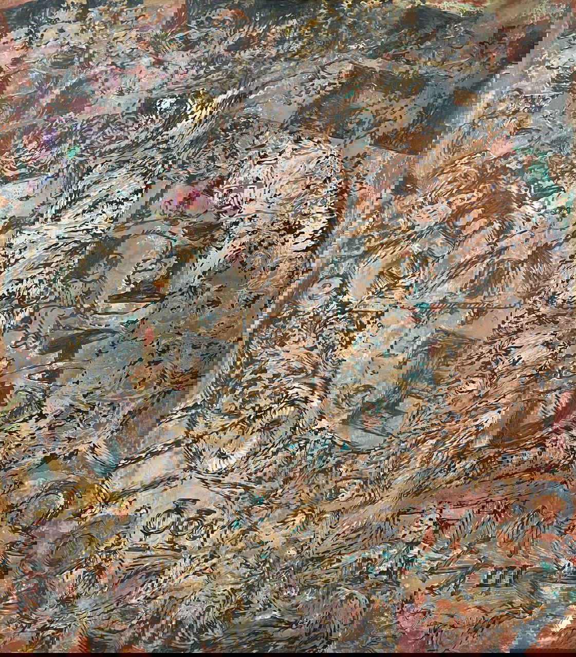 Работа Бугаева‑Африки с текстурной поверхностью и множеством мелких сцен и образов: археология психики в живописном решении.