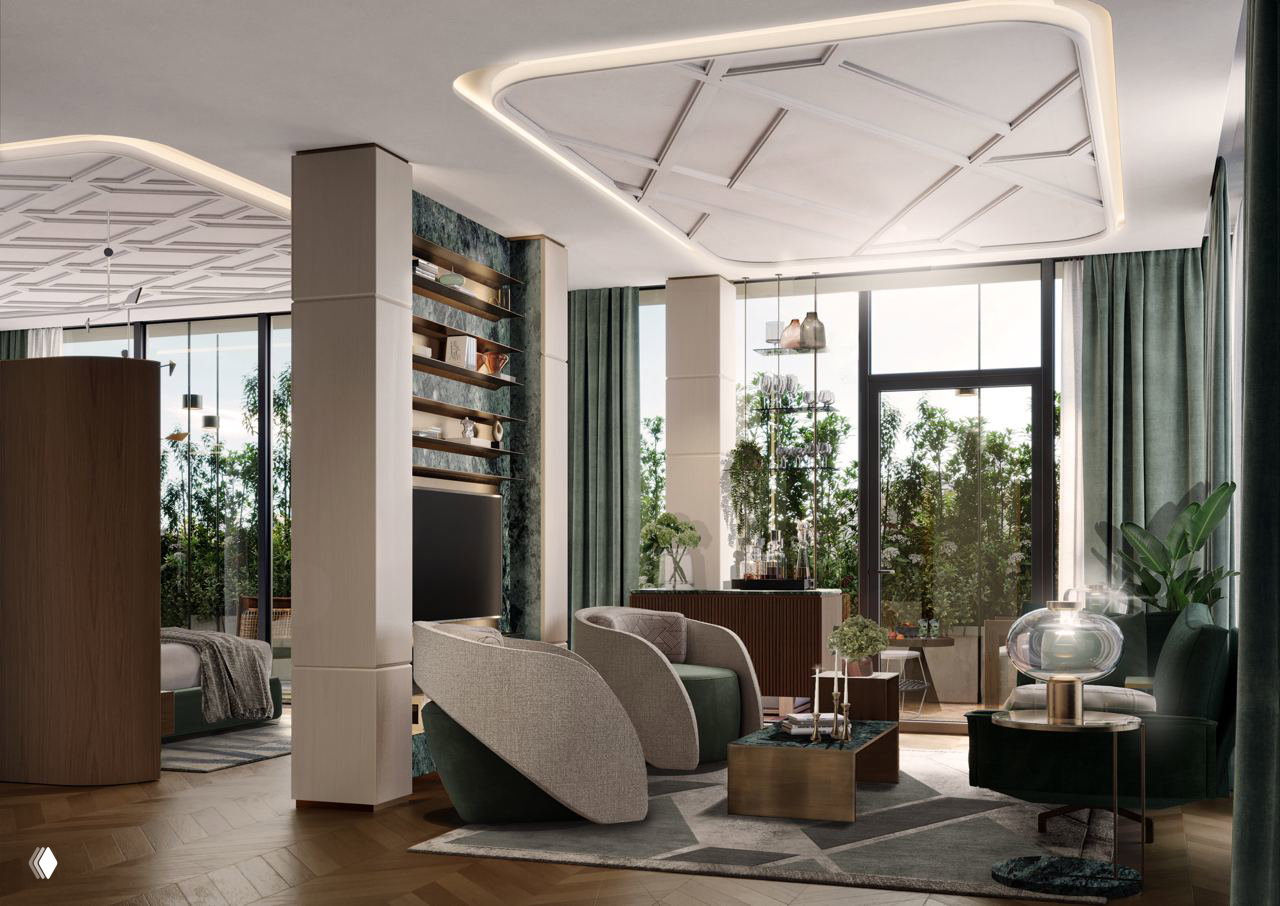 Современный лаунж в дизайнерском стиле: мягкие кресла, зелёные растения у окон и встраиваемое освещение в потолке, элегантный паркет.