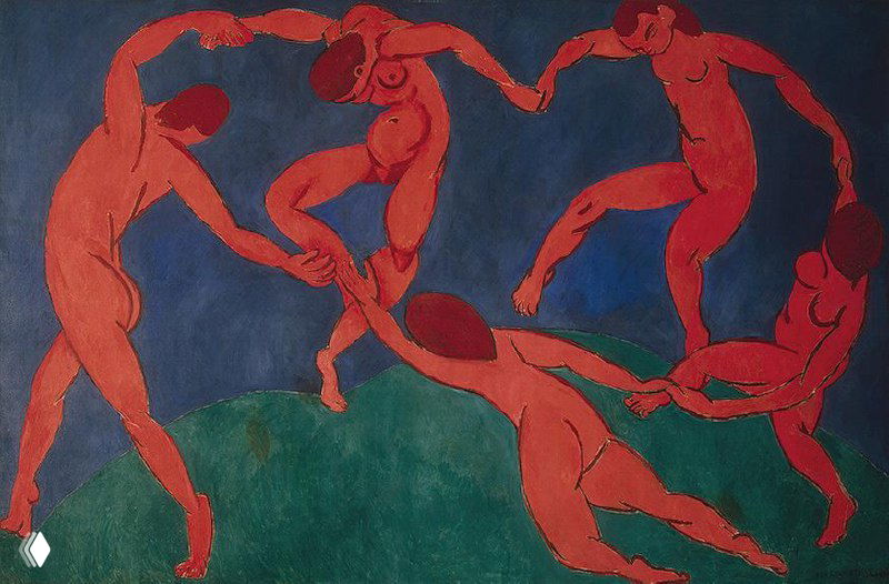 Репродукция картины Анри Матисса «Танец»: динамичная композиция из ярко-красных обнажённых фигур на простом фоне, фовистская эстетика.