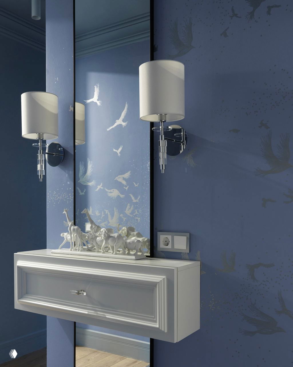 Темно-голубая стенка в прихожей с вертикальным зеркалом, пара настенных бра и белая консоль, украшенная миниатюрными декоративными предметами и фигурками.