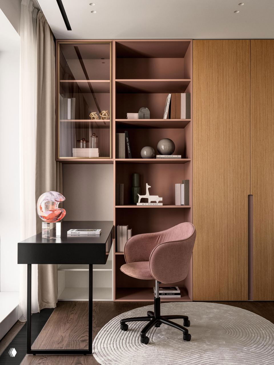 Рабочая зона и детская с открытыми полками, розовыми и древесными акцентами, аккуратным столом и мягким креслом на колесиках у окна.