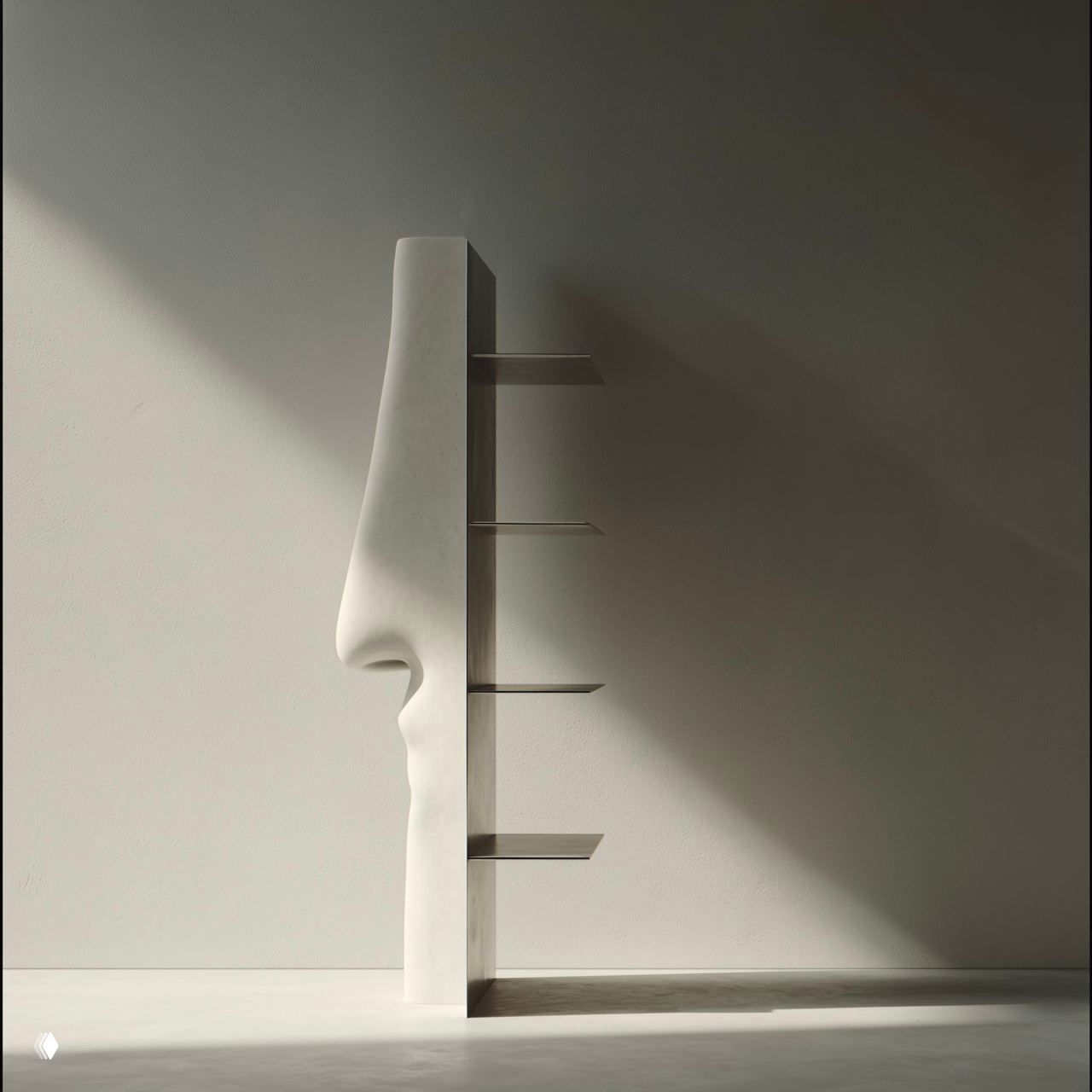 Высокий модуль-стеллаж с профилем гипсового лица в виде боковой панели, драматичный боковой свет подчёркивает силуэт и объём.