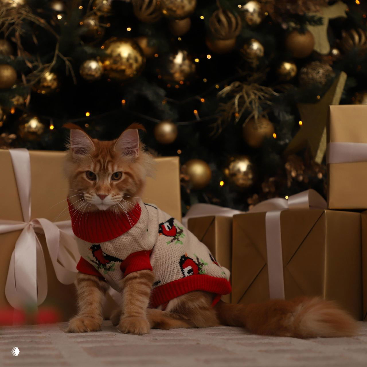 Рыжая длинношерстная кошка в вязаном свитере с изображением снегирей сидит рядом с упакованными подарками на фоне рождественской ёлки, демонстрация одежды из коллекции