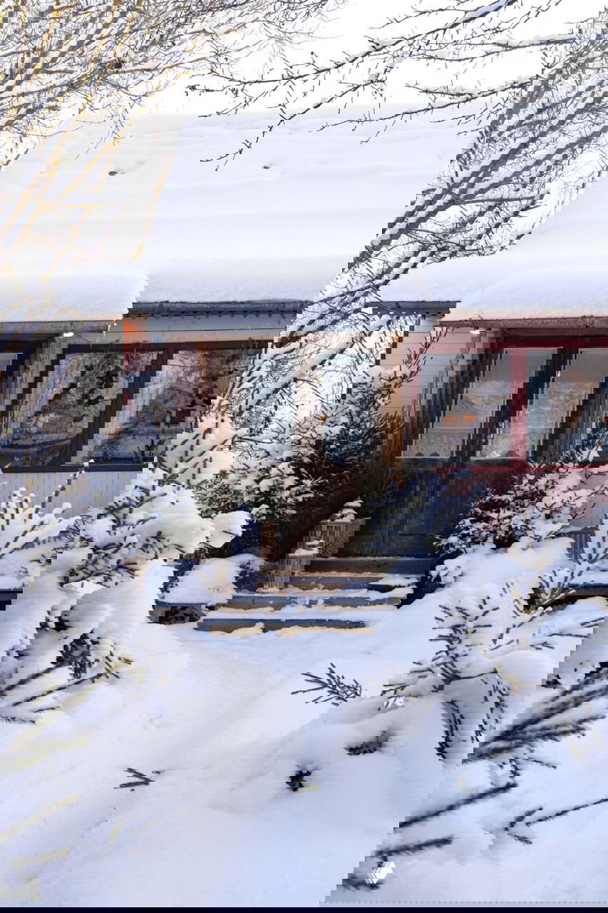 Деревянный вход с заснеженными ступенями и хвойными растениями по дорожке — крыльцо дачи украшено природными элементами и фонарём.