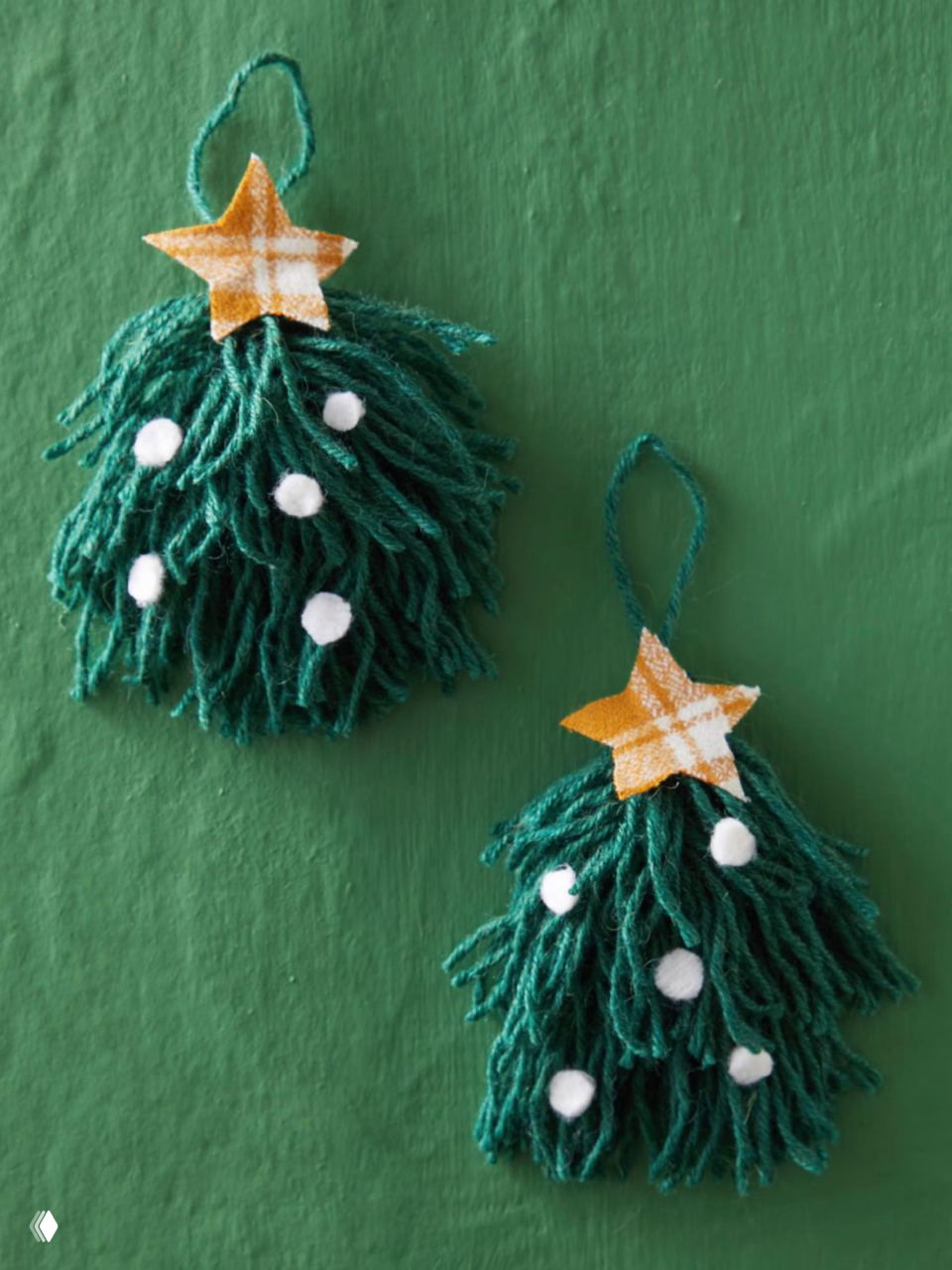 Ёлочные подвески из зелёной пряжи в форме пушистых ёлочек с маленькими белыми пуговицами и тканевой звёздой сверху — идея из ниток и ткани.