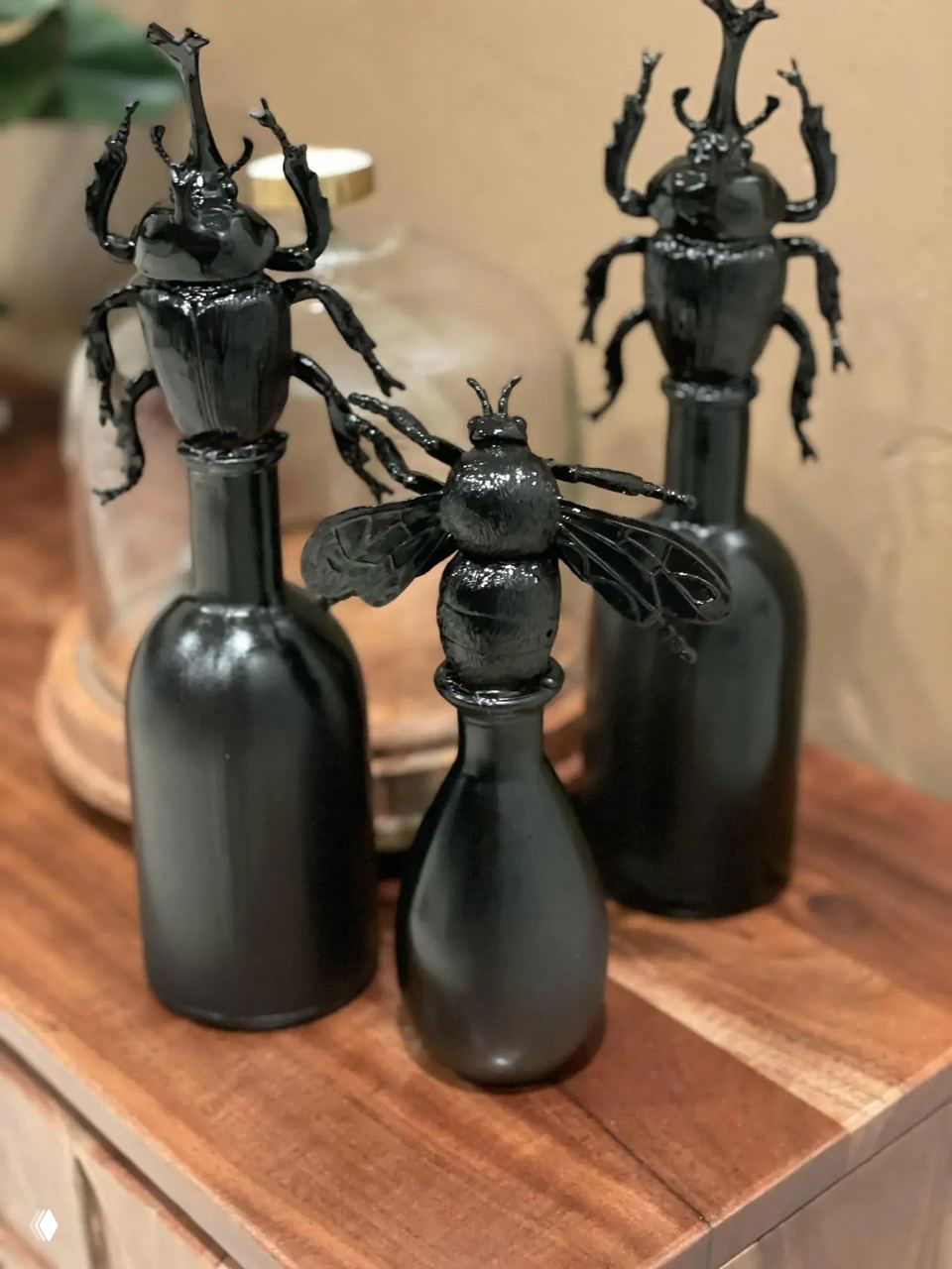 Черные декоративные бутылки с лапидарными фигурками насекомых и жуков, окрашенные в глянцевый черный цвет, стоят на деревянной поверхности.