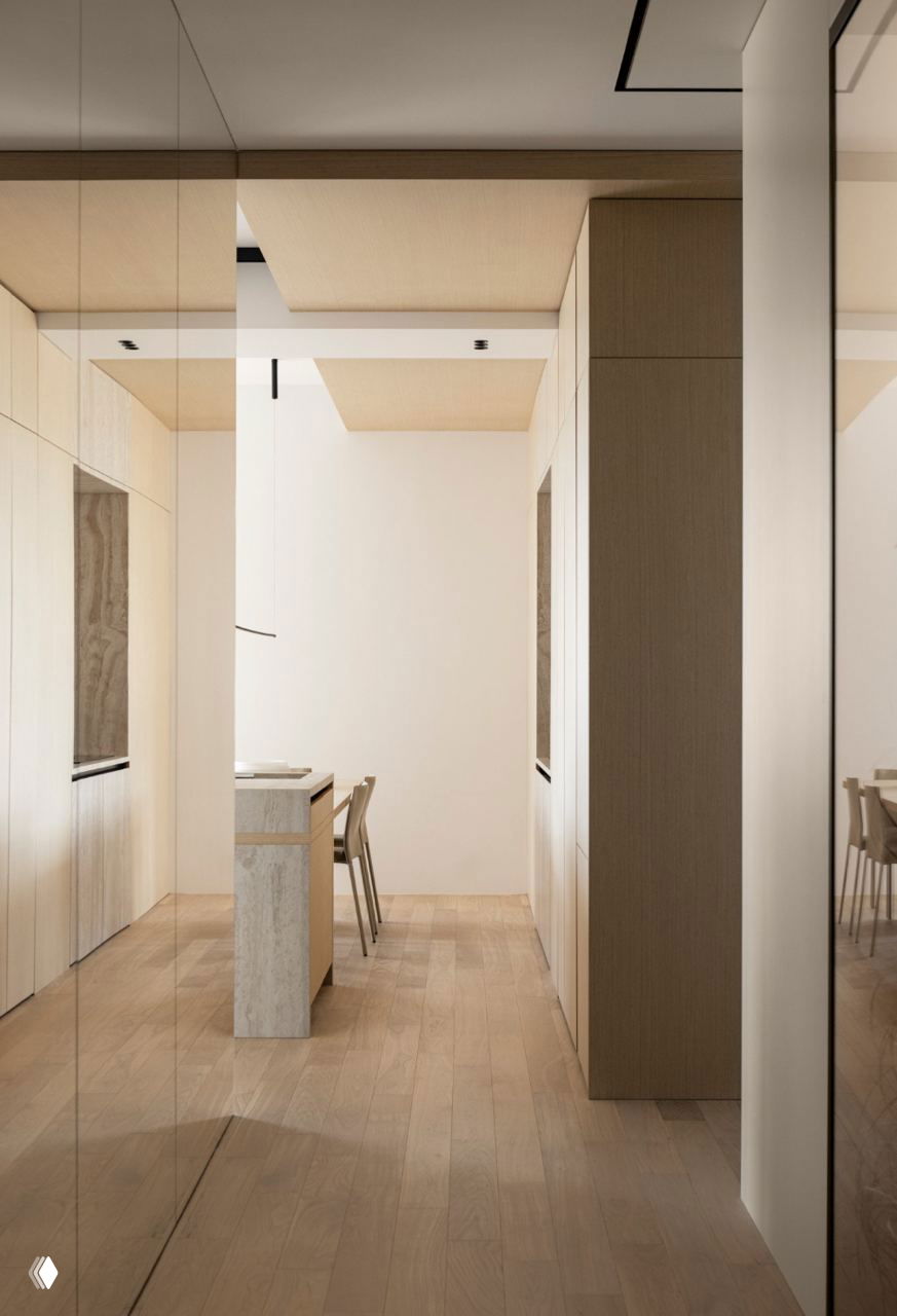 Длинный коридор с зеркальными и деревянными панелями, ровный паркет и строгие архитектурные линии, визуально объединяющие пространство квартиры.