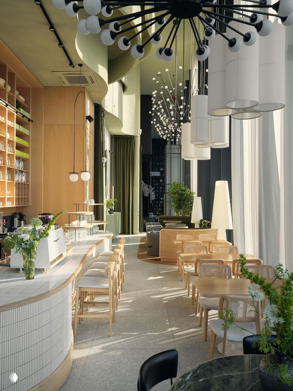 Столовая зона ресторана с волнообразным потолком, светильниками‑шарами и длинной барной стойкой; деревянная мебель и мягкие зелёные диваны