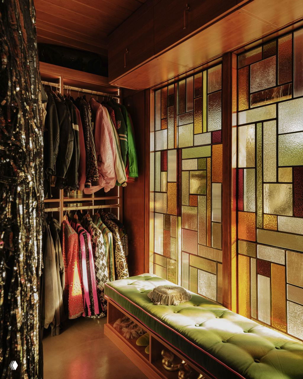 Гардеробная зона с витражными стеклами, мягкой скамьёй и открытыми вешалками, где видны яркие предметы одежды и текстуры материалов.