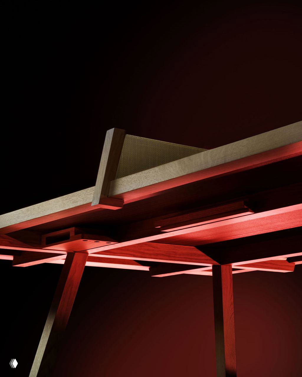 Крупный план деревянной конструкции под столешницей пинг‑понг стола, показывающий угловые соединения и модульную решётчатую систему сборки.