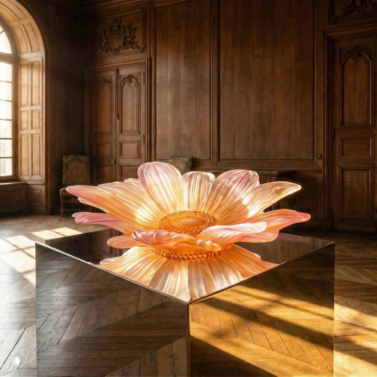 Большая цветочная скульптура из матового розово-янтарного хрусталя Daum, экспонируемая на подиуме в зале Maison&Objet при теплом освещении.