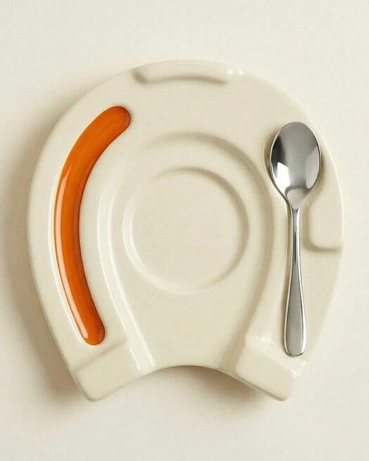 Деталь блюдца в форме подковы с оранжевой вставкой и стоящей рядом маленькой ложкой — элемент сервировки из концепт-набора Hermès x Bialetti.