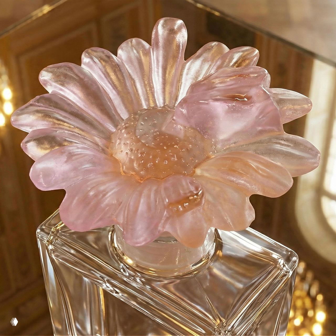 Детальная съемка флакона духов Daum с резной стеклянной крышкой в виде цветка — розово-персиковый оттенок и выраженная фактура на зеркальном фоне.
