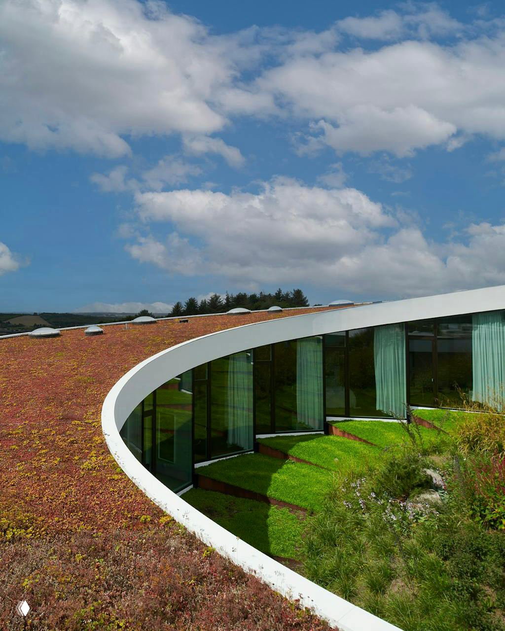 Овальный проём зелёной кровли над стеклянным периметром дома, вид сверху на посадки и небо — архитектурная интеграция крыши и фасада.