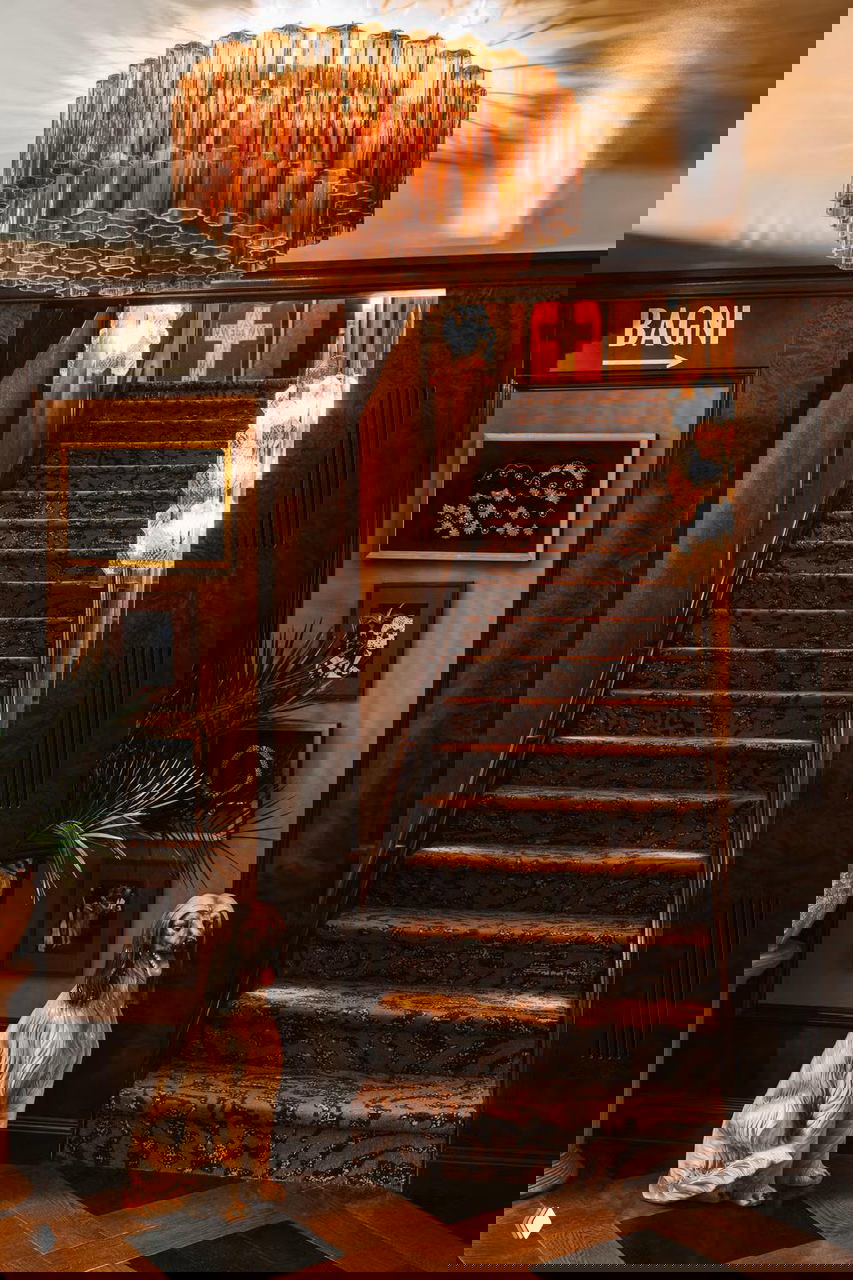 Декоративная лестница и входная зона ресторана: ковровая лестница, ряд подвесных светильников и статуэтка собаки у подножия рядом со знаком «BAGNI».