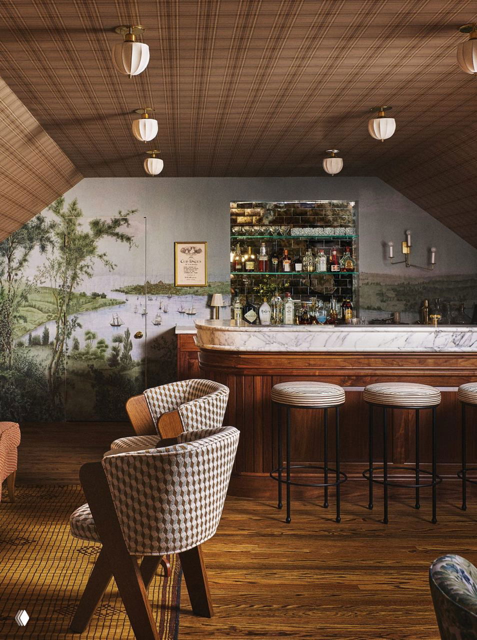 Тайный бар на чердаке с мраморной стойкой, барными стульями и витриной с бутылками на фоне фрески — интимное пространство в георгианском доме.