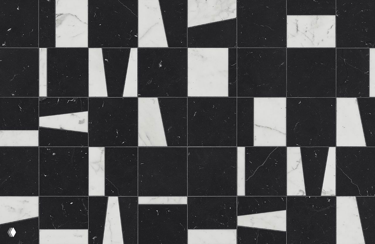 Геометрическая чёрно‑белая мозаика серии Cadence: квадратные плитки с контрастными белыми вставками и трапециевидными формами в ритмичном узоре.