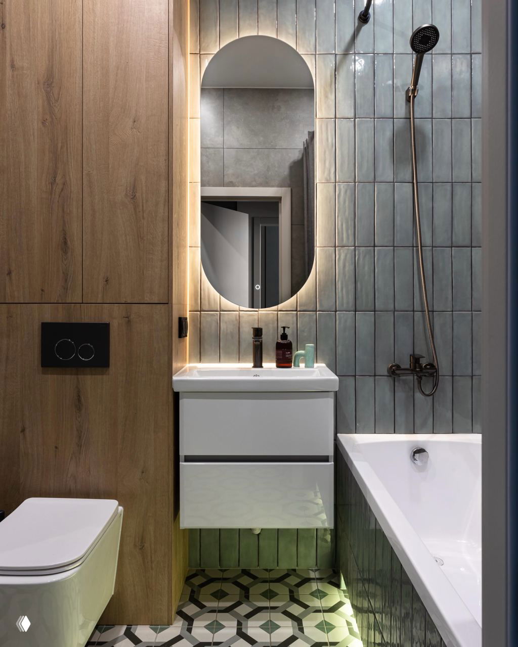 Ванная комната: подсвеченное овальное зеркало, компактная раковина с тумбой, ванна и вертикальная бирюзовая плитка в сочетании с деревянной панелью.